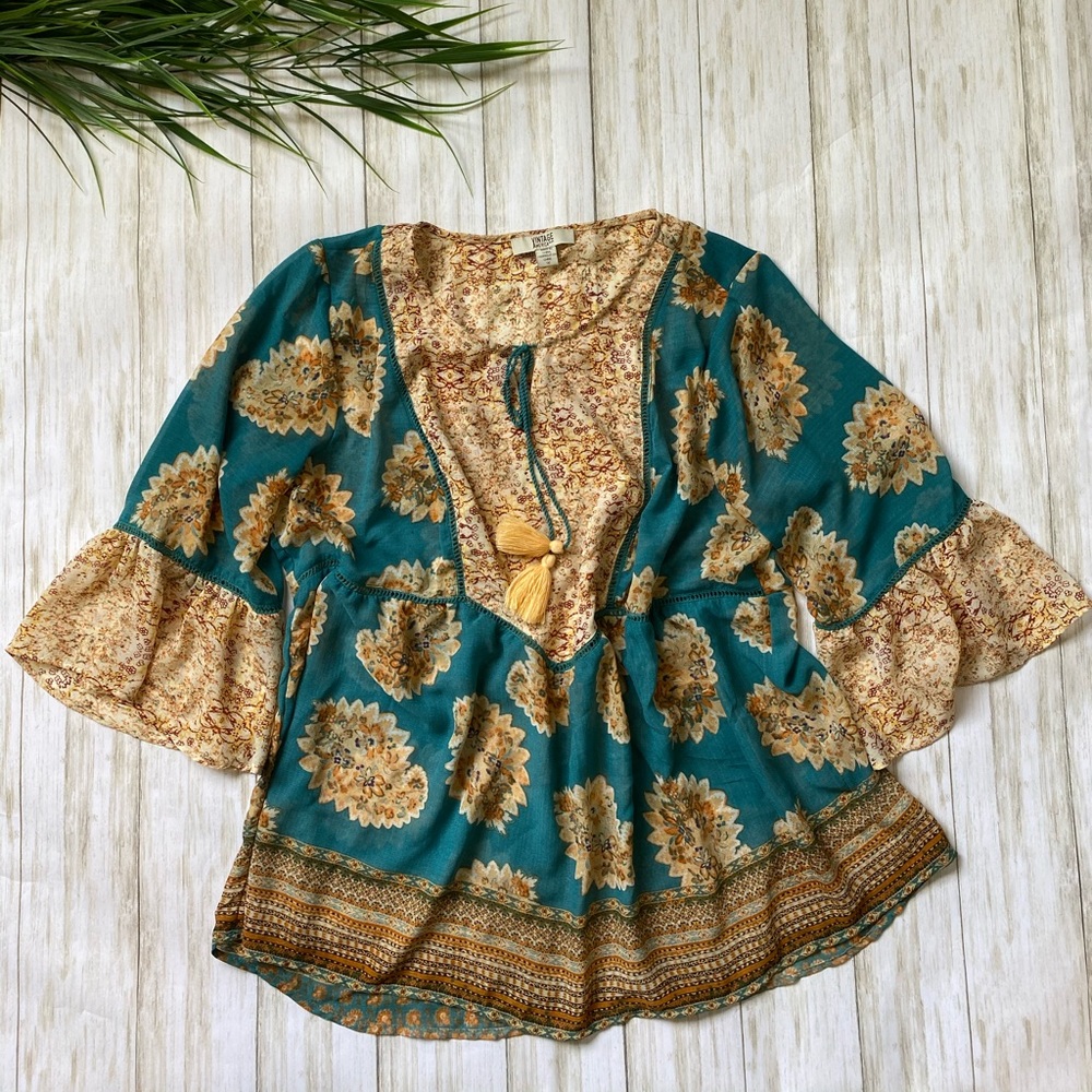 Vintage America blues boho plus top 1x floral